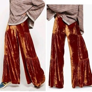Free People Say La Vie Burnt Orange Cinnabar Velvet Wide Leg Palazzo Pants Sz 12